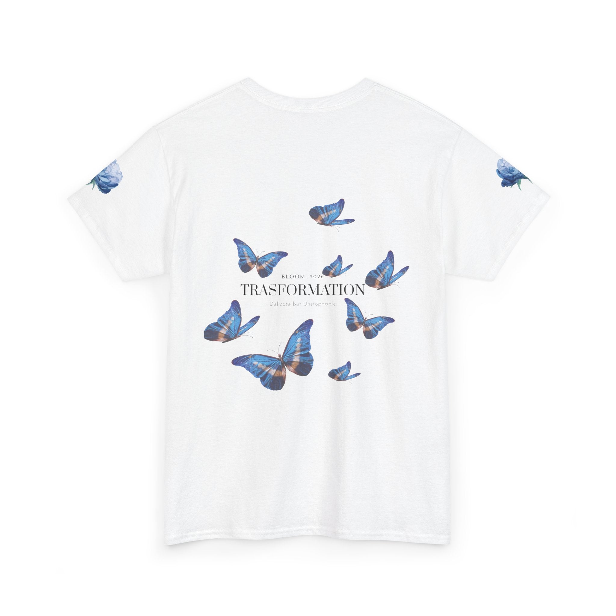 Blue Butterfly Transformation Tee | Floral Accent Sleeve
