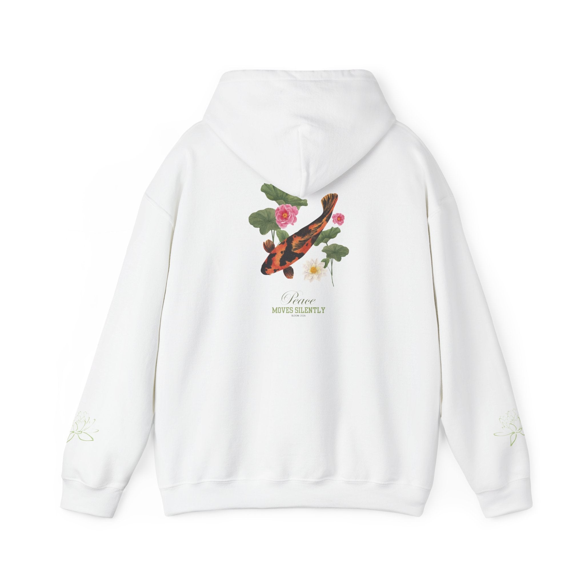 Koi Fish & Lotus Hoodie | White Hooded Sweatshirt, Asian Floral Illustration