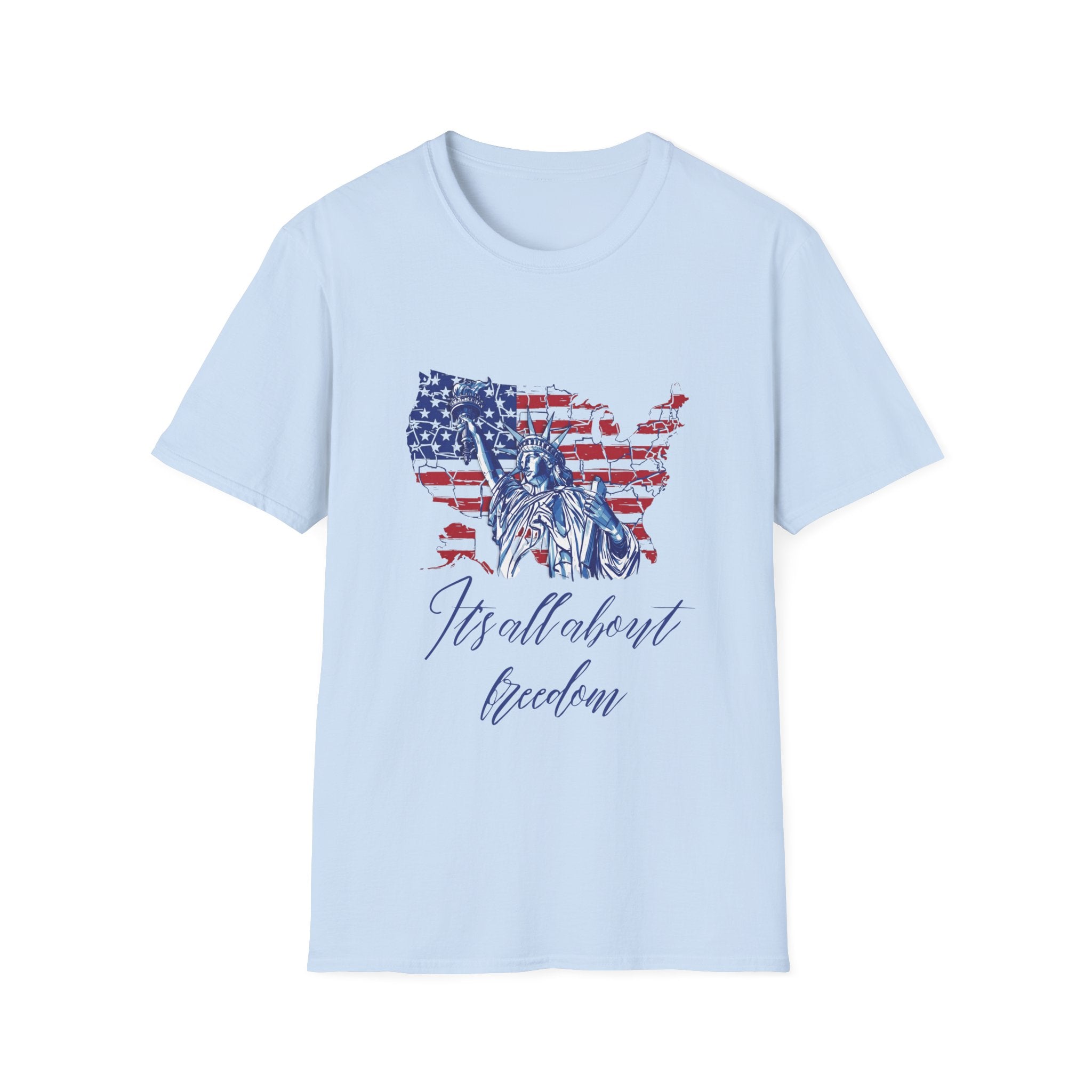 Liberty USA T-Shirt – "It's All About Freedom" Patriotic Statue of Liberty Design