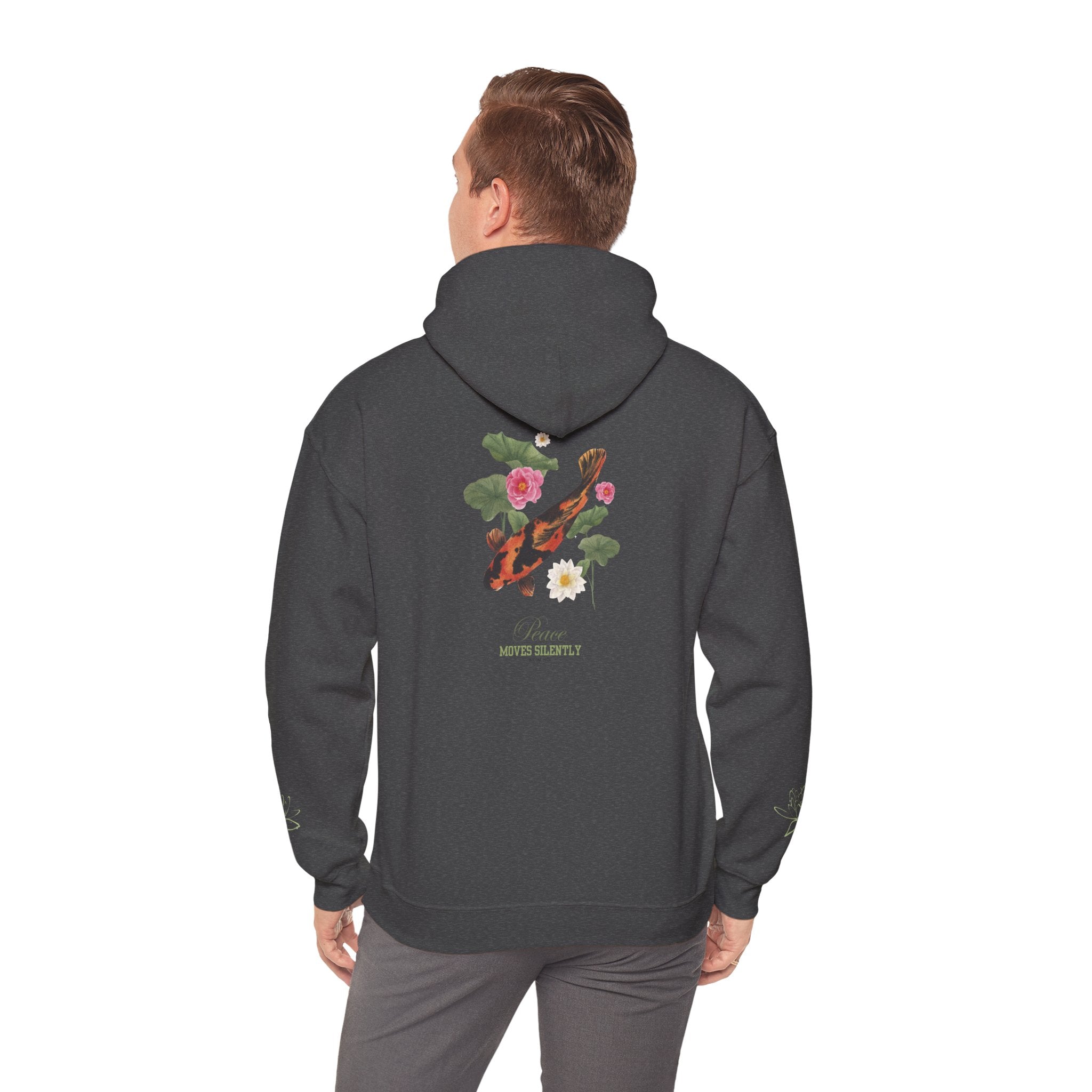 Koi Fish & Lotus Hoodie | White Hooded Sweatshirt, Asian Floral Illustration