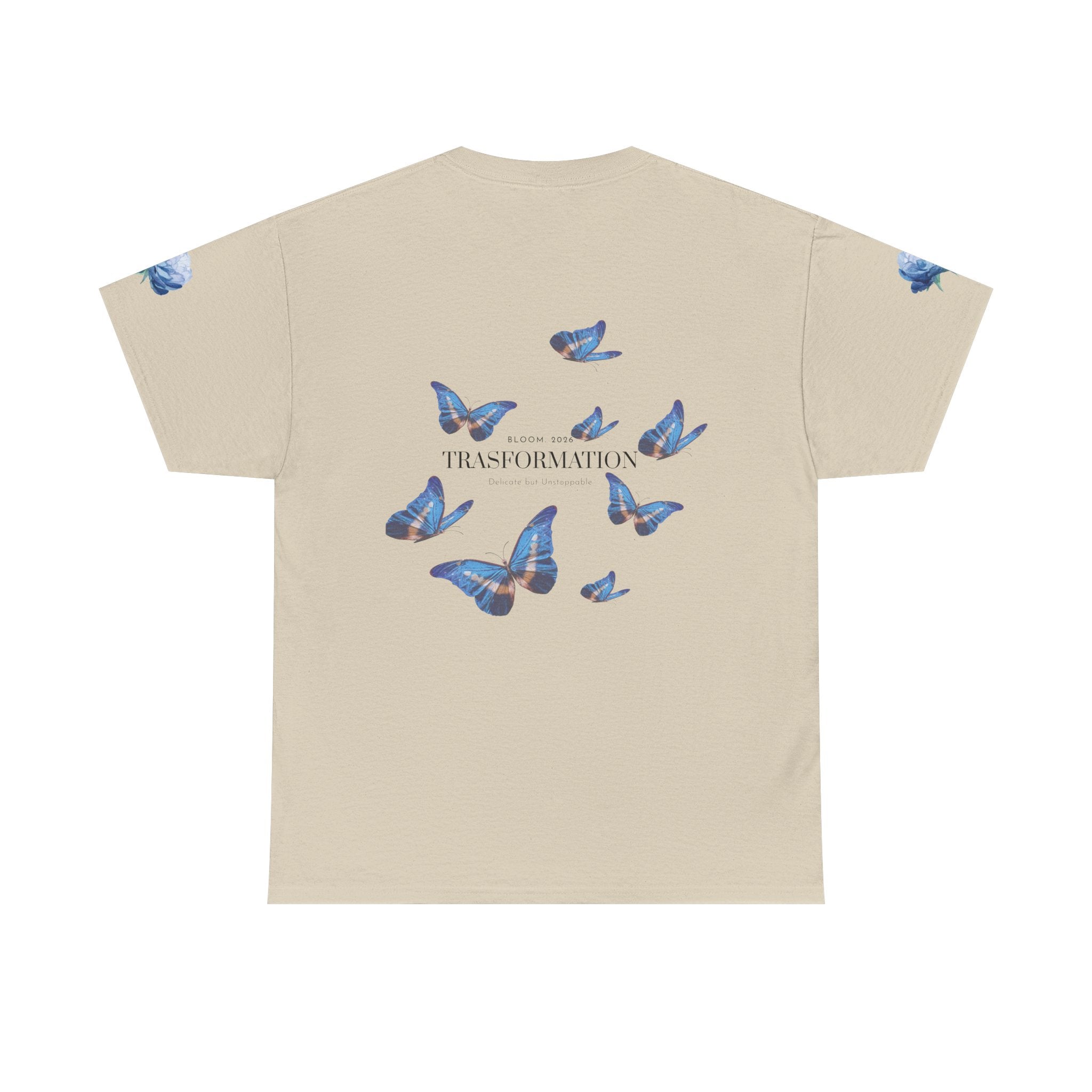 Blue Butterfly Transformation Tee | Floral Accent Sleeve
