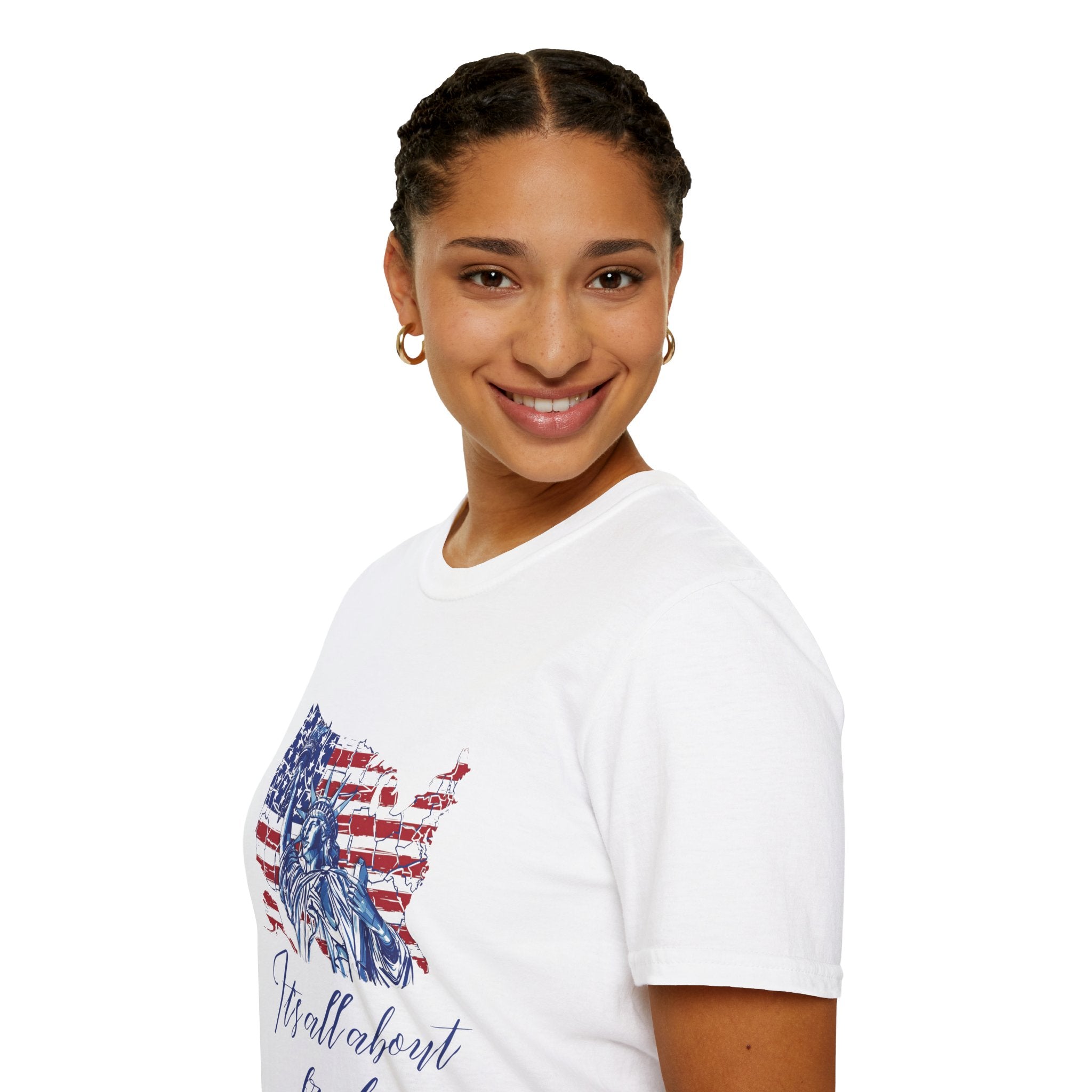 Liberty USA T-Shirt – "It's All About Freedom" Patriotic Statue of Liberty Design