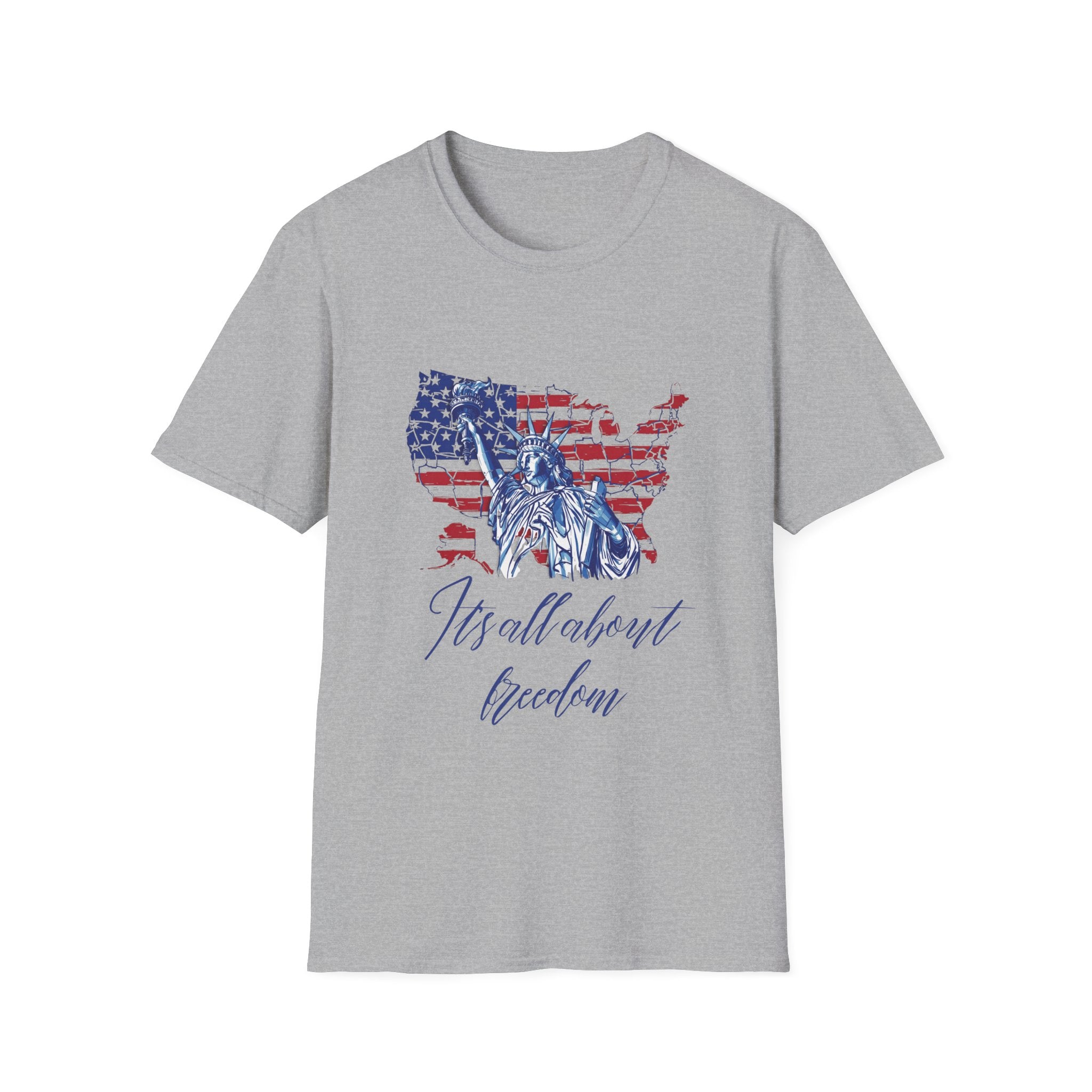 Liberty USA T-Shirt – "It's All About Freedom" Patriotic Statue of Liberty Design