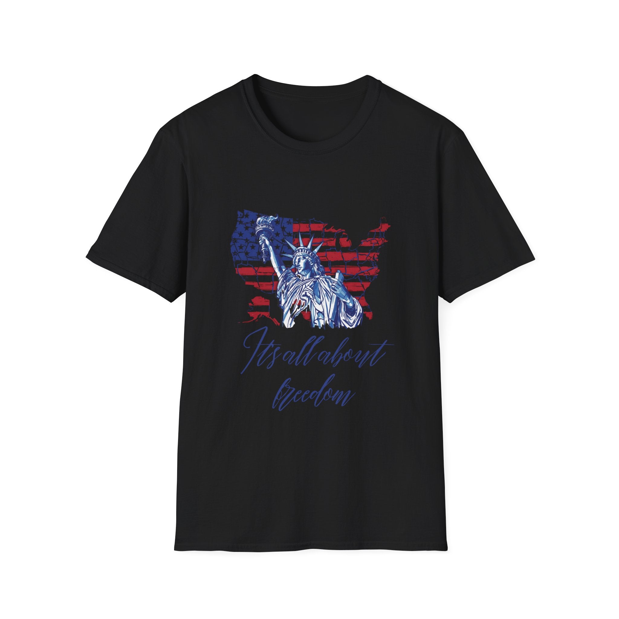 Liberty USA T-Shirt – "It's All About Freedom" Patriotic Statue of Liberty Design