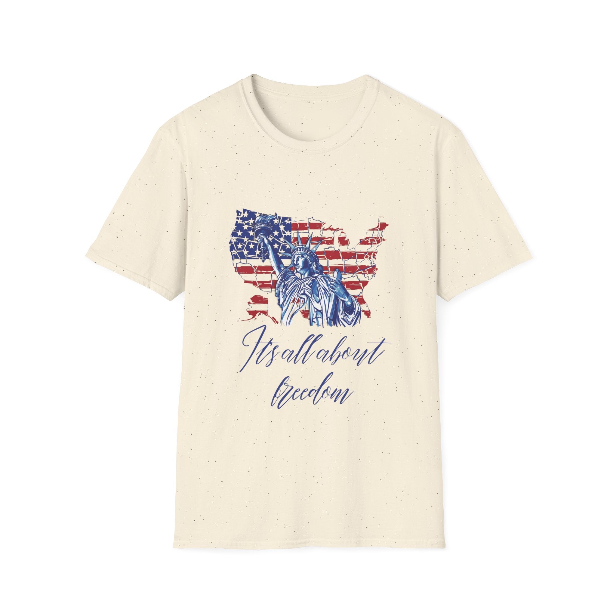 Liberty USA T-Shirt – "It's All About Freedom" Patriotic Statue of Liberty Design