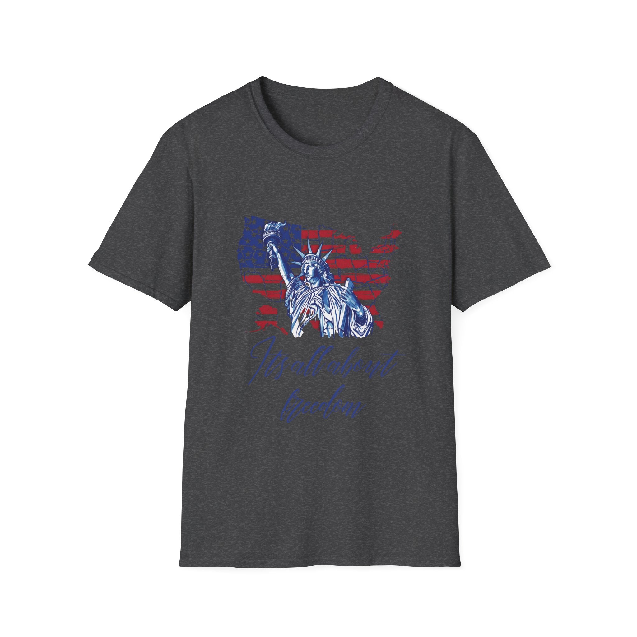 Liberty USA T-Shirt – "It's All About Freedom" Patriotic Statue of Liberty Design