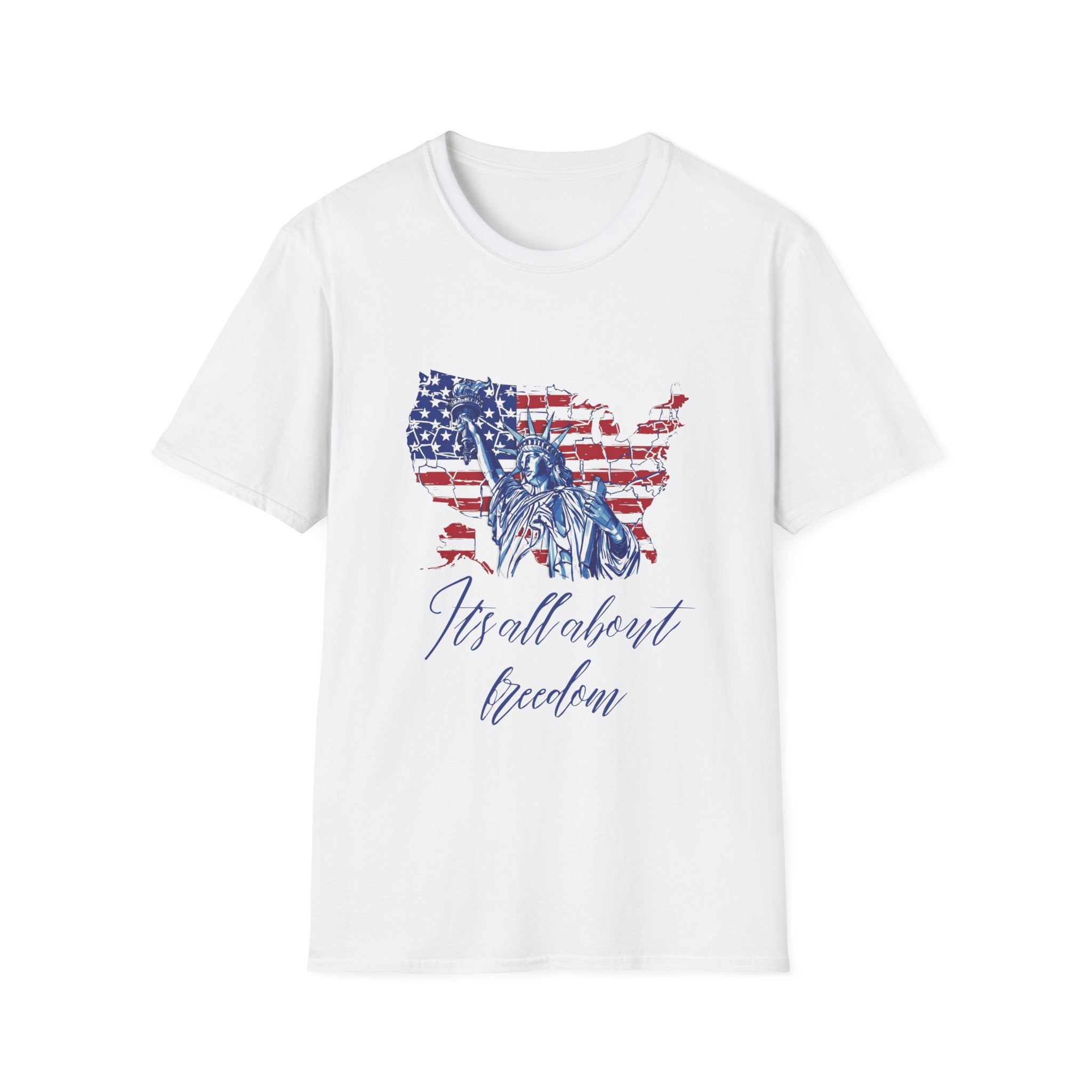 Liberty USA T-Shirt – "It's All About Freedom" Patriotic Statue of Liberty Design