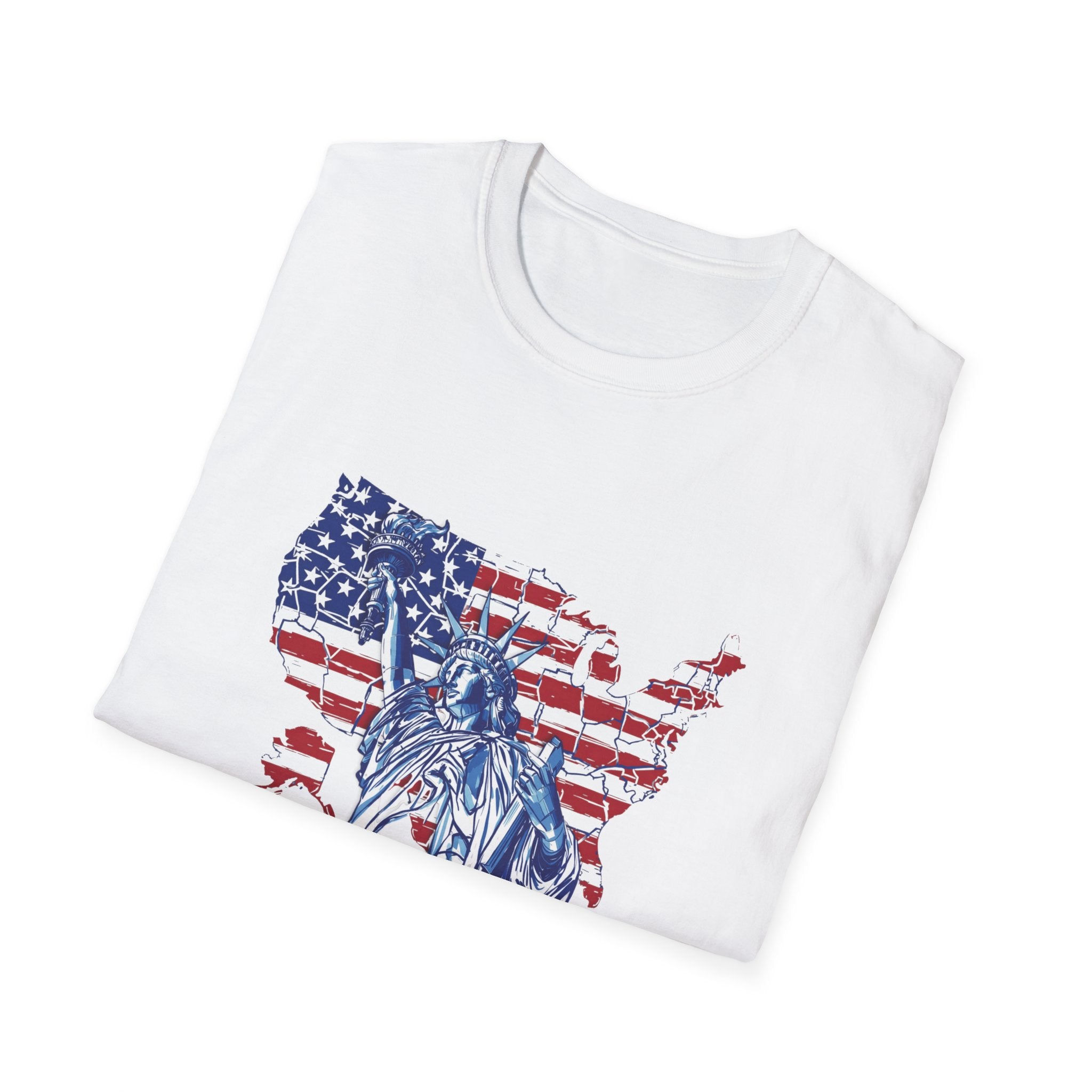 Liberty USA T-Shirt – "It's All About Freedom" Patriotic Statue of Liberty Design