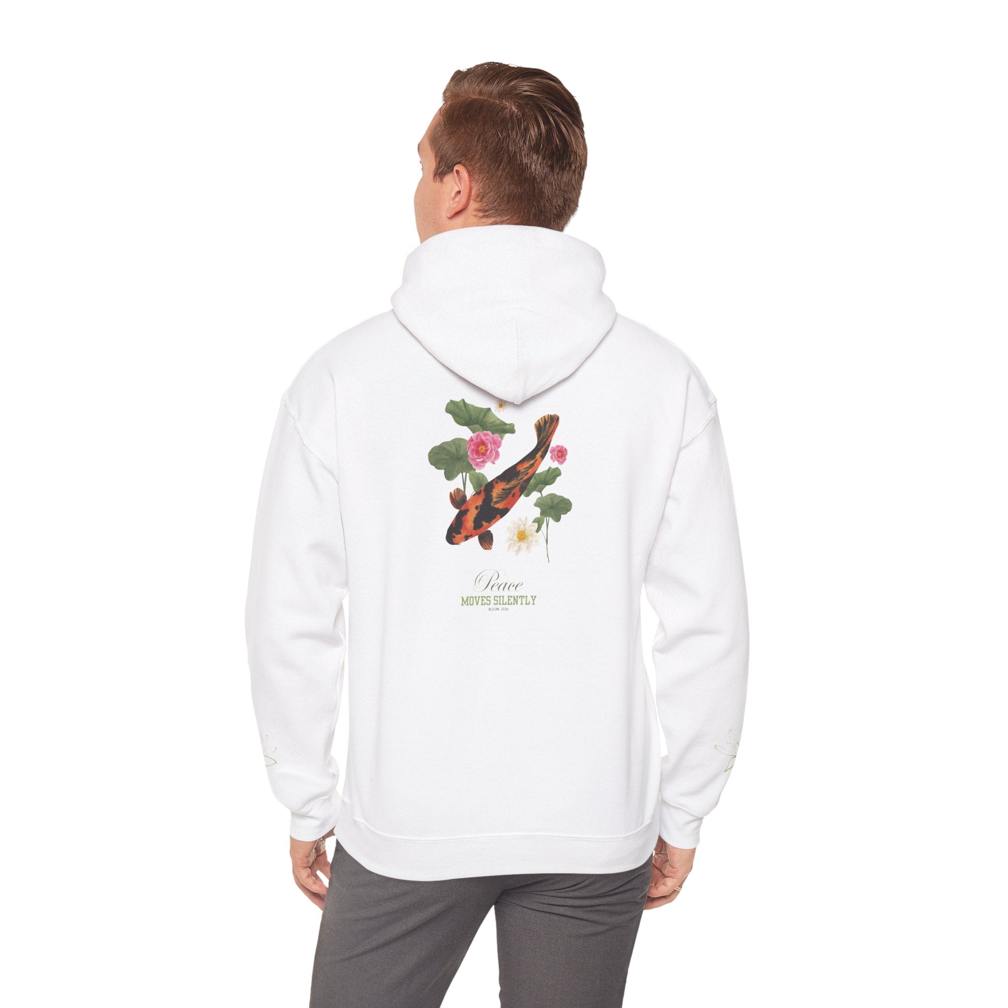 Koi Fish & Lotus Hoodie | White Hooded Sweatshirt, Asian Floral Illustration
