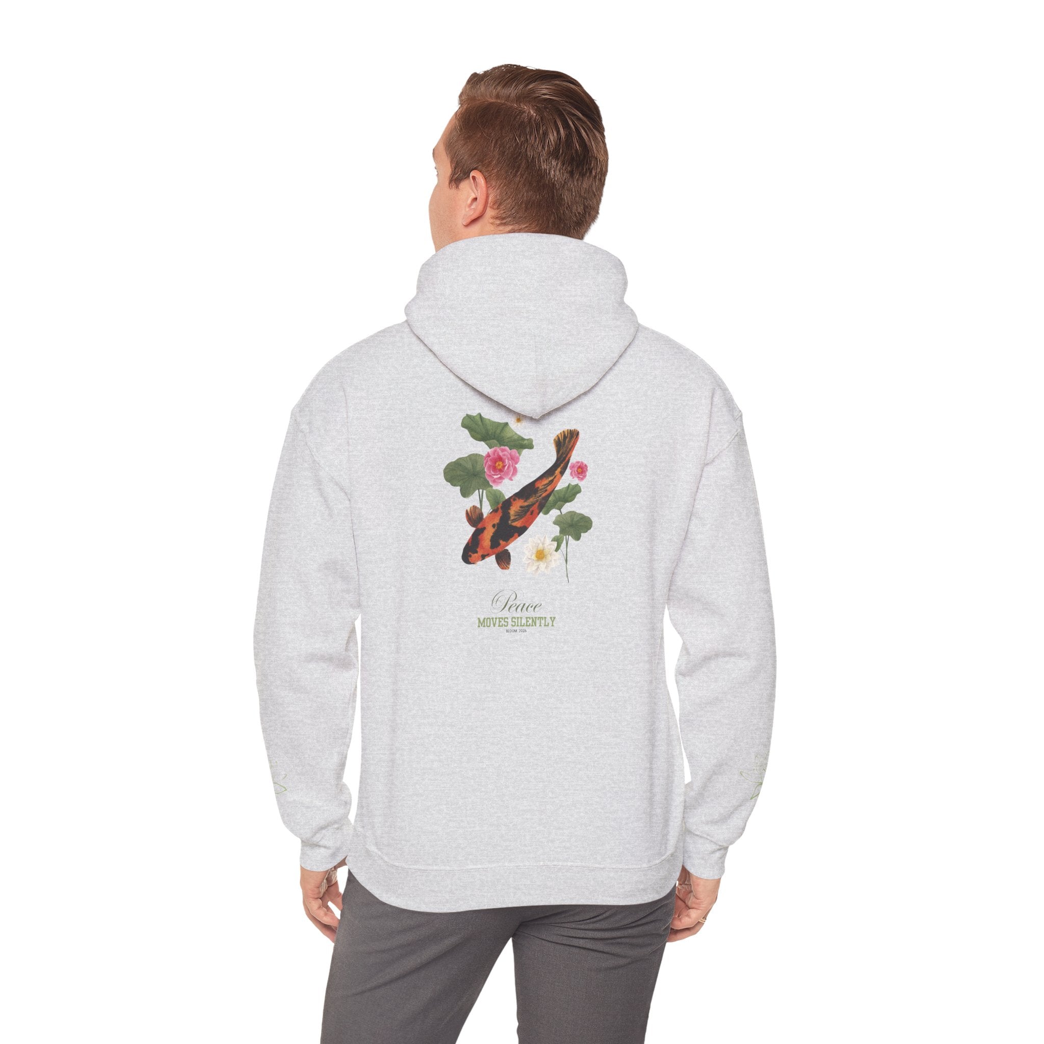 Koi Fish & Lotus Hoodie | White Hooded Sweatshirt, Asian Floral Illustration