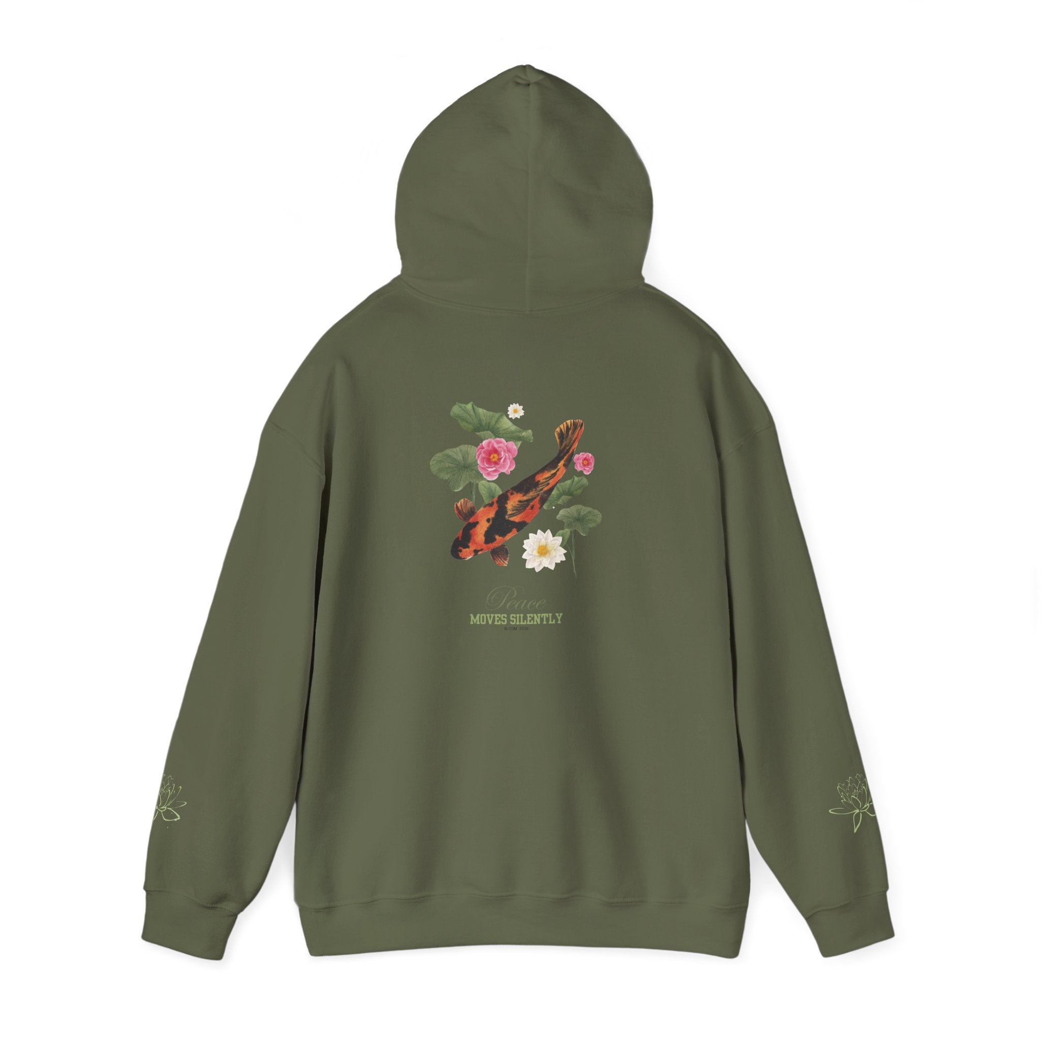 Koi Fish & Lotus Hoodie | White Hooded Sweatshirt, Asian Floral Illustration