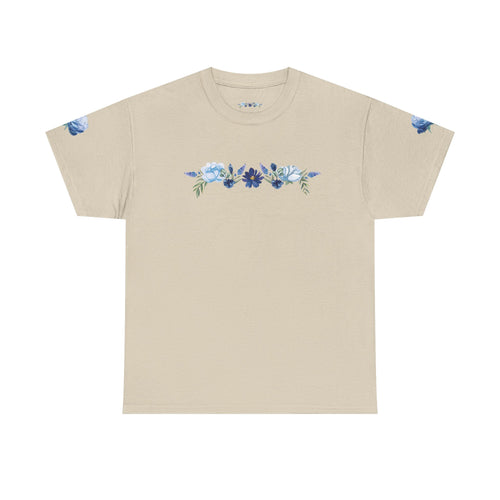 Blue Butterfly Transformation Tee | Floral Accent Sleeve