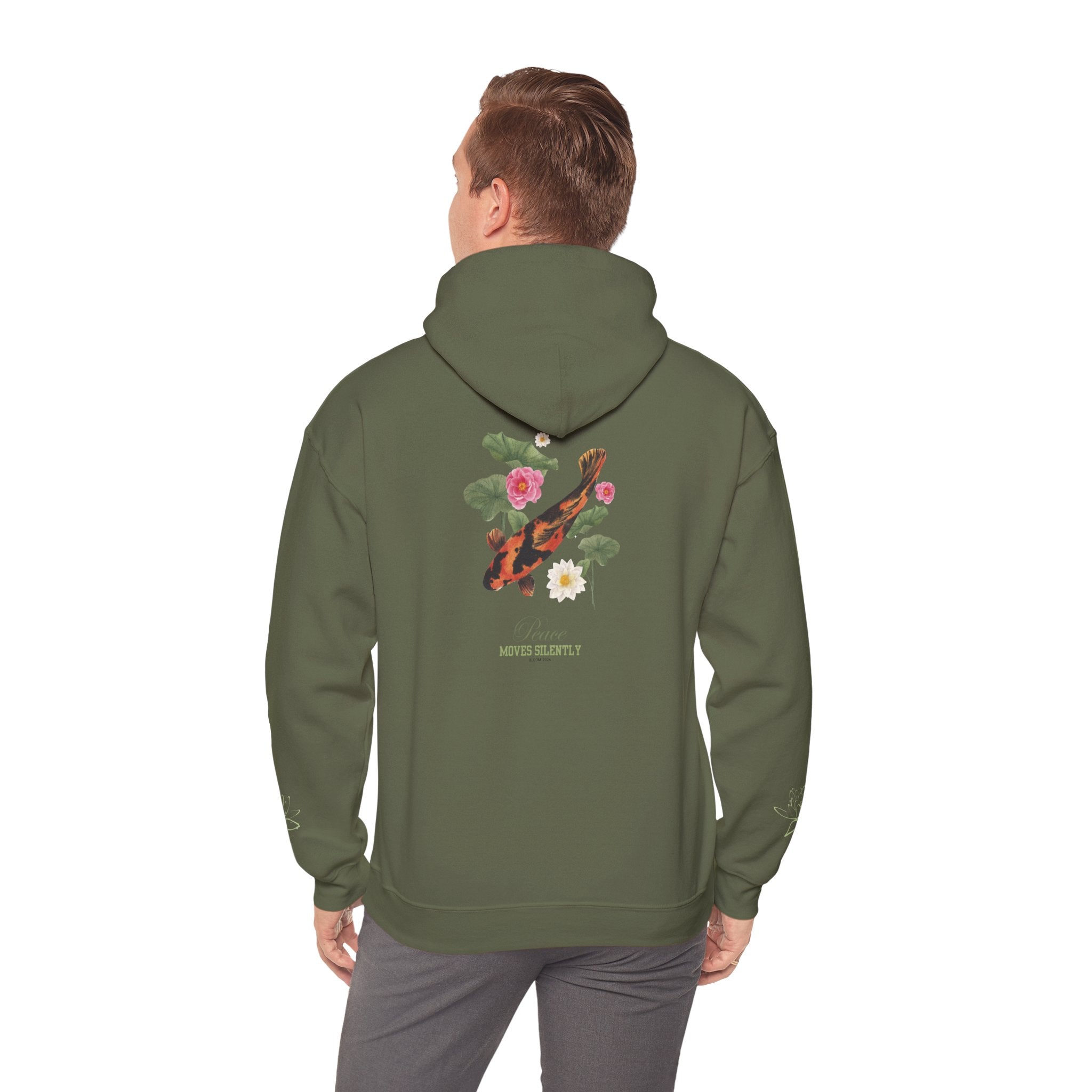 Koi Fish & Lotus Hoodie | White Hooded Sweatshirt, Asian Floral Illustration