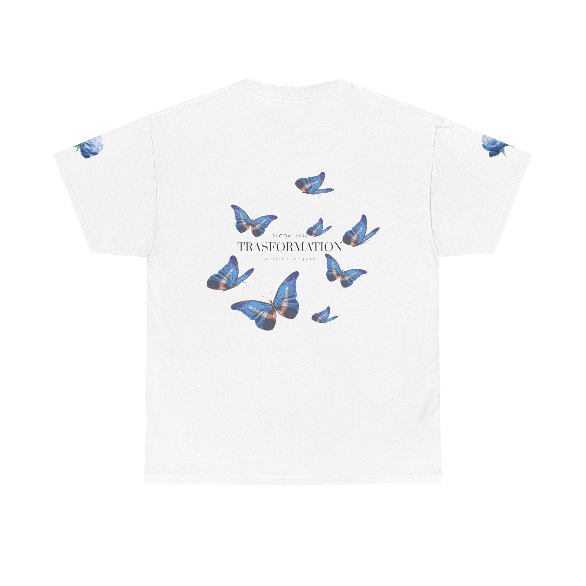Blue Butterfly Transformation Tee | Floral Accent Sleeve